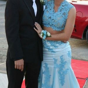 Baby Blue Lace Two Piece Prom Dress